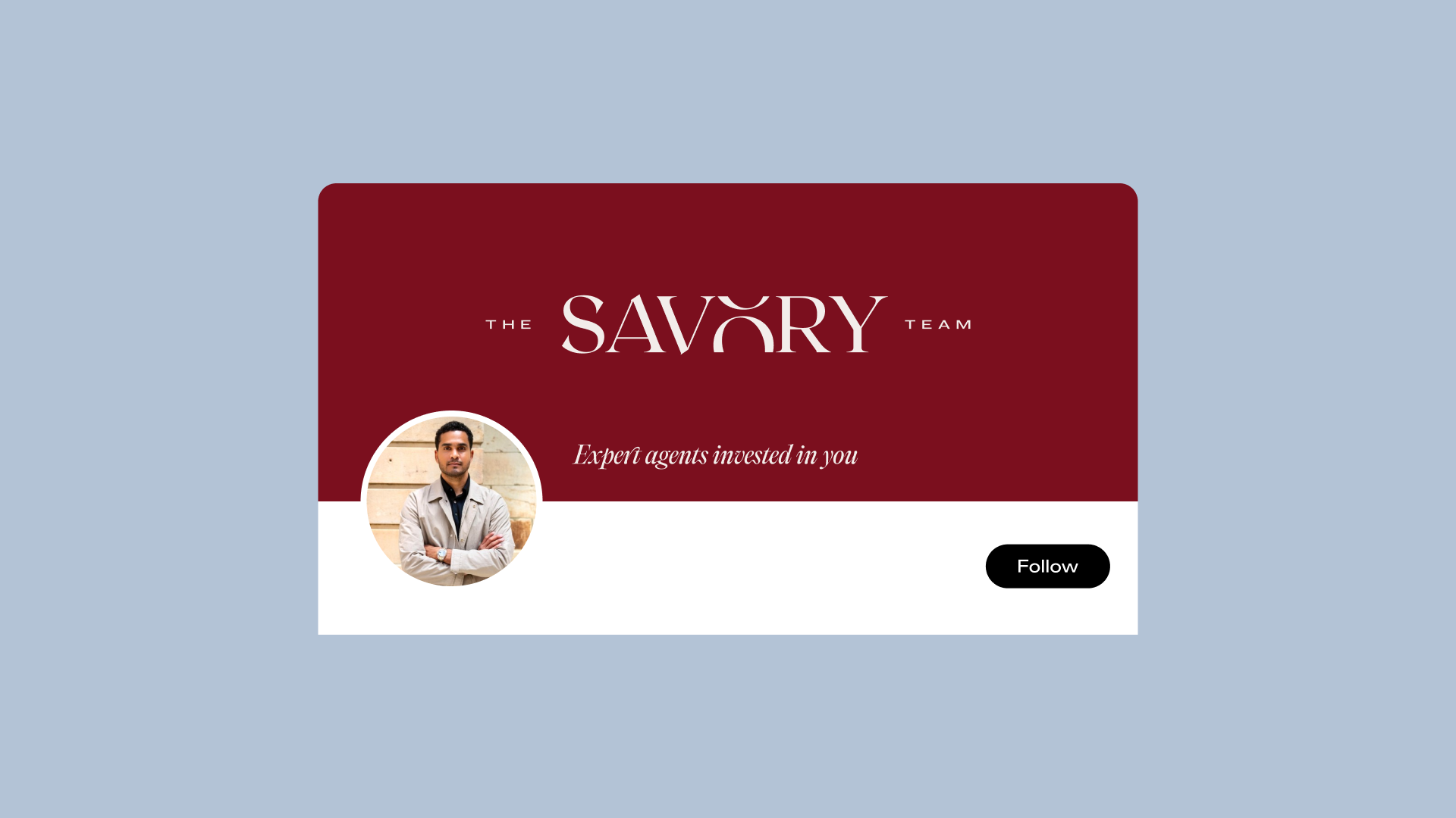 LinkedIn profile banner with THE SAVORY TEAM in cream on wax red and the line Expert agents invested in you in italic
