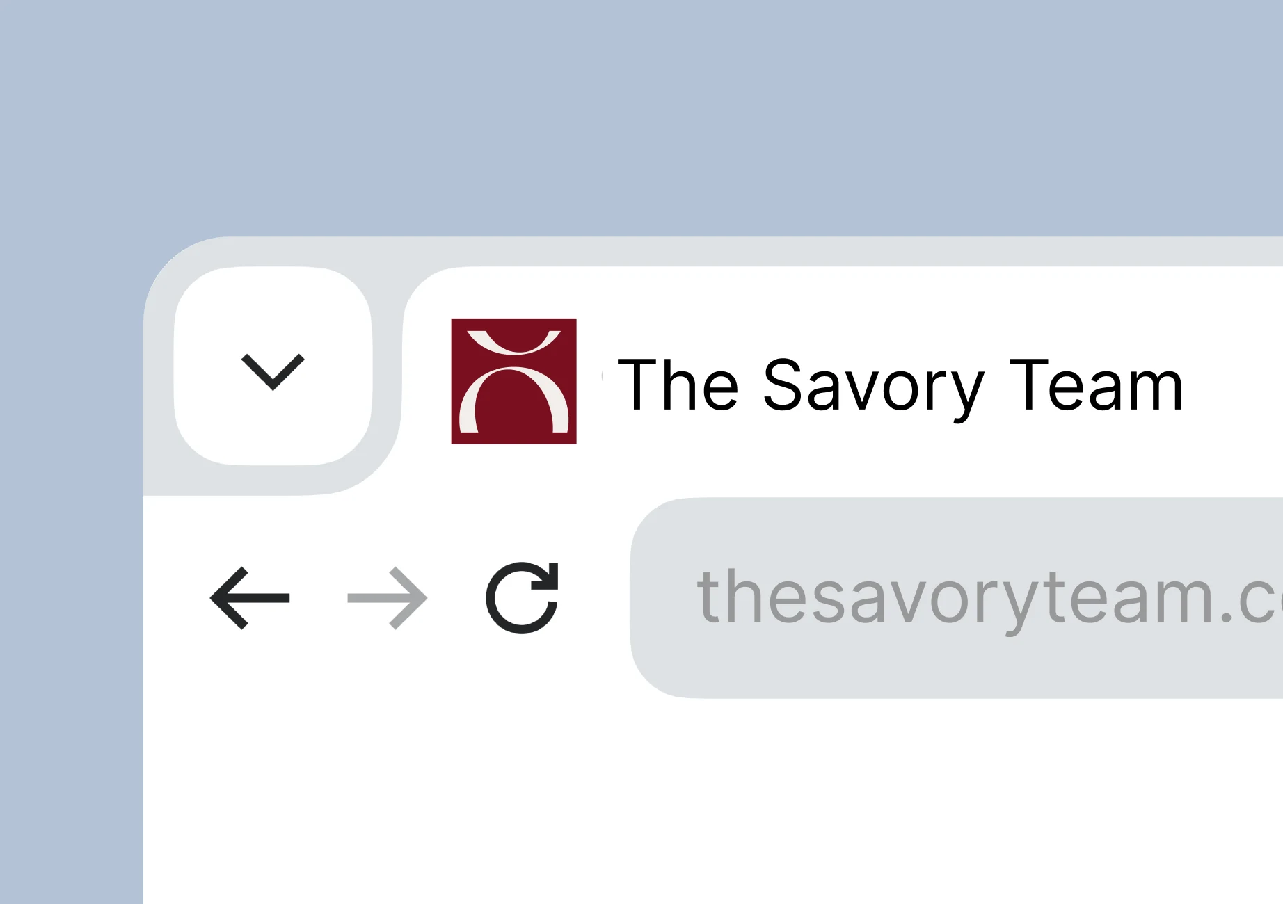 Browser tab for The Savory Team with the split O favicon in cream on wax red