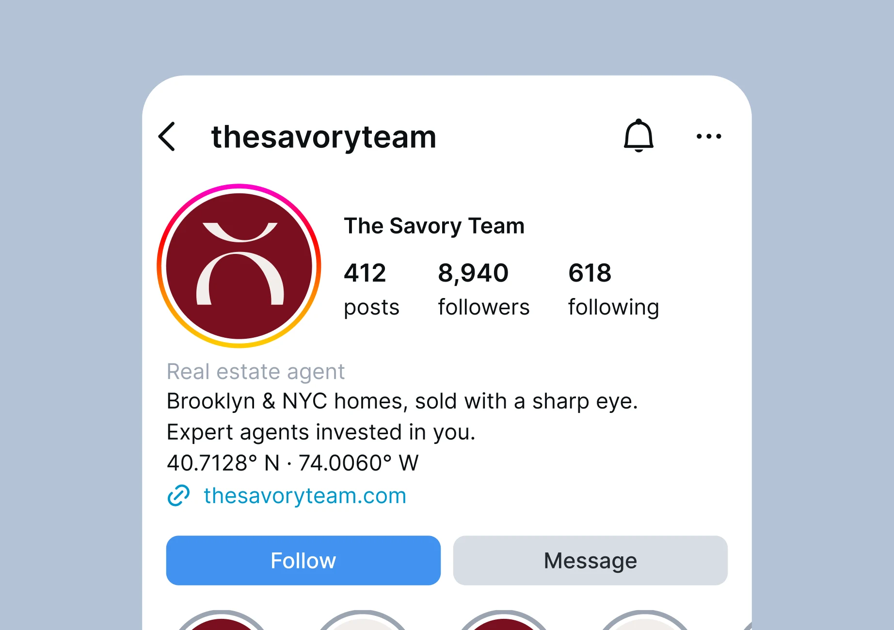 Instagram profile for thesavoryteam with the split O avatar in cream on wax red and New York coordinates in the bio