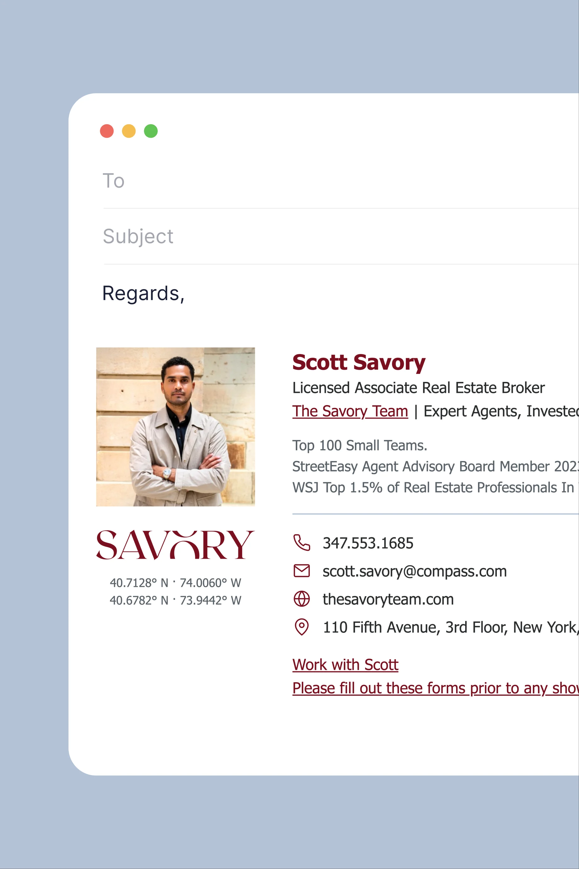 Scott Savory's email signature in a mail window, with a portrait, the SAVORY wordmark in wax red, New York coordinates, and contact details