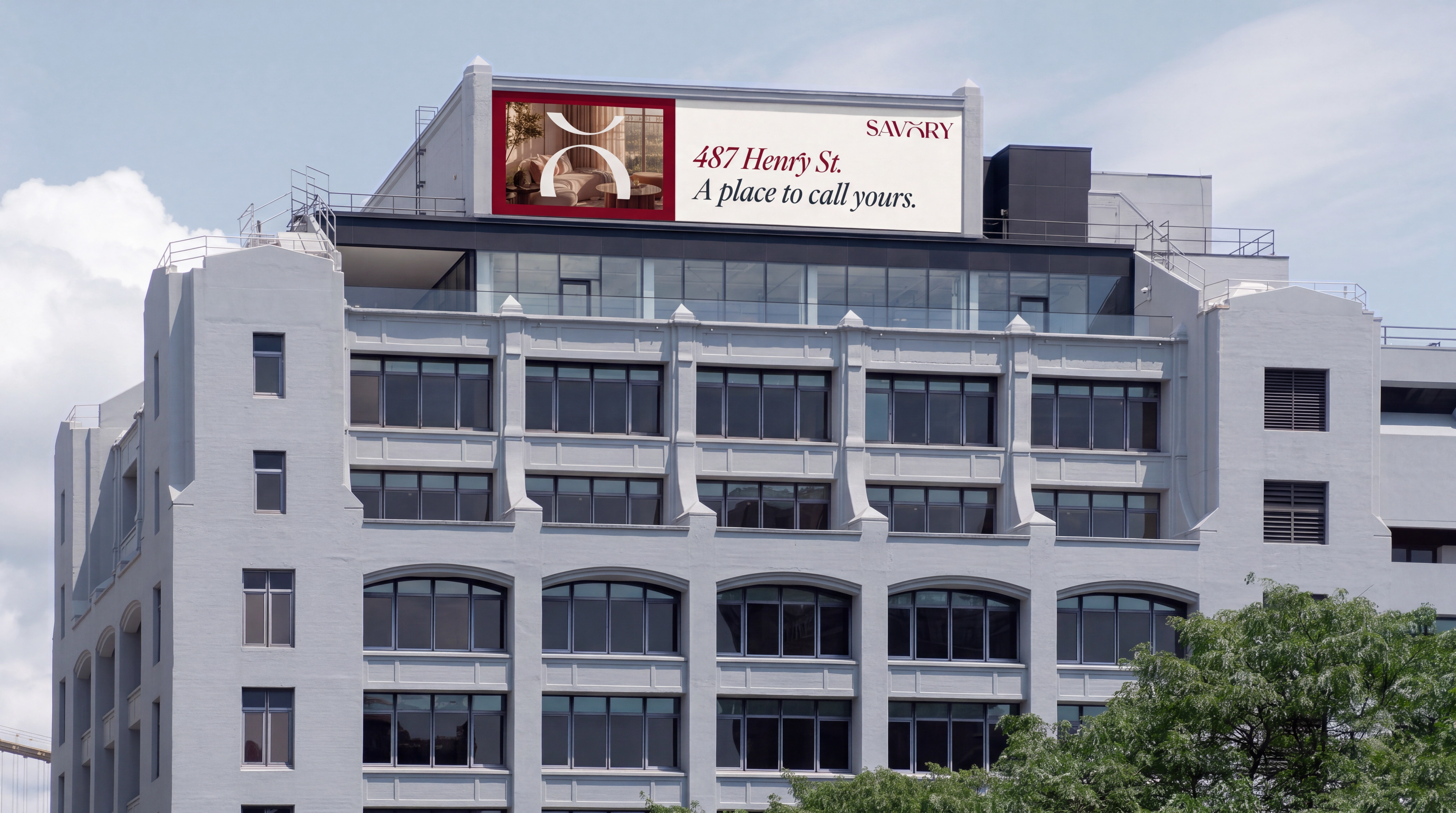 SAVORY rooftop billboard featuring 487 Henry St. and the line A place to call yours above a white building