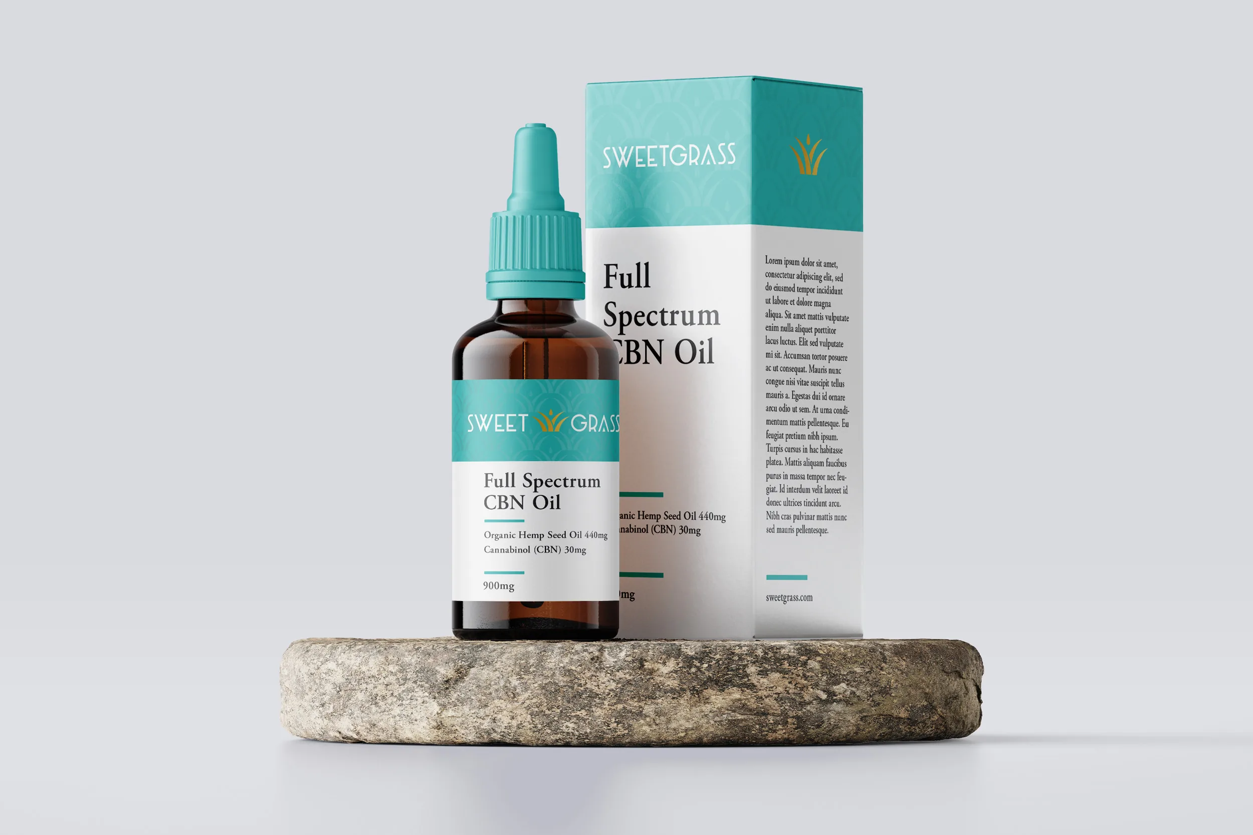 SweetGrass dropper bottle and patterned carton in gold and turquoise on a neutral surface