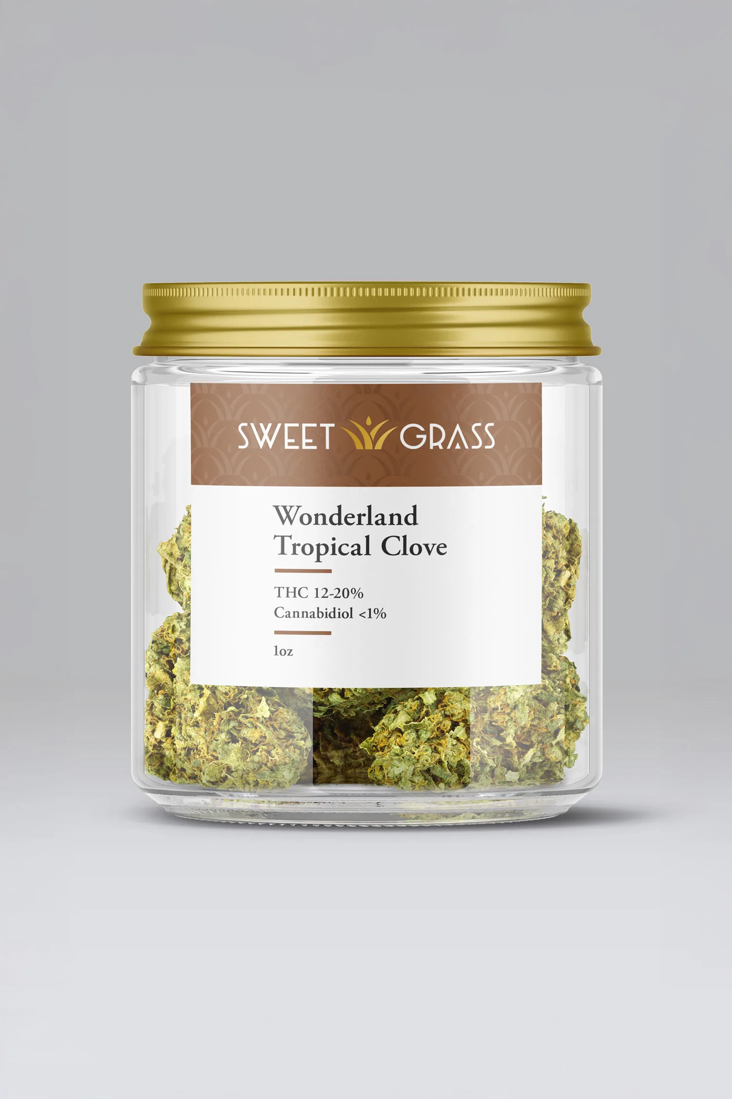 SweetGrass glass jar with a patterned brand band above a white panel of product information