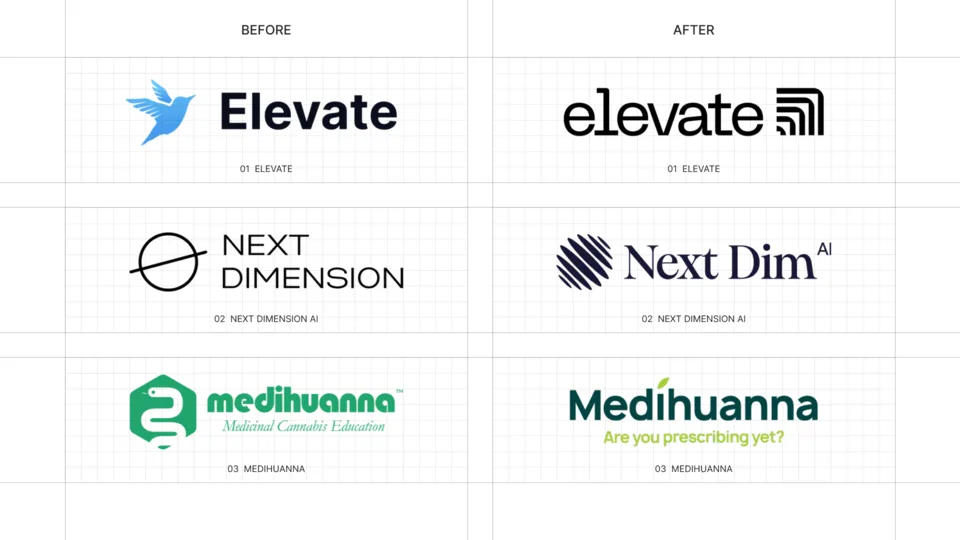 Three logo redesigns shown before and after on a precise editorial grid