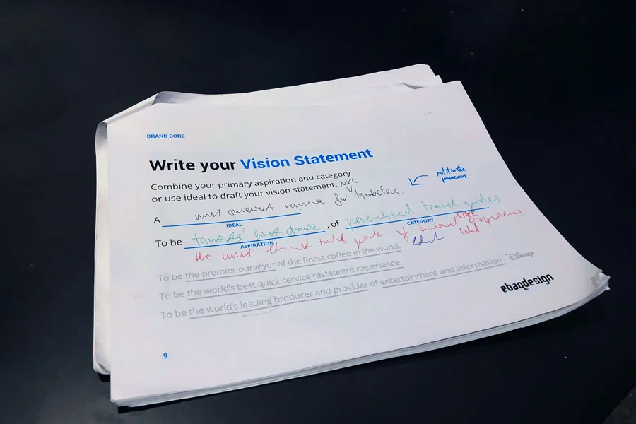 Printed brand strategy worksheets ready to hand out to workshop participants