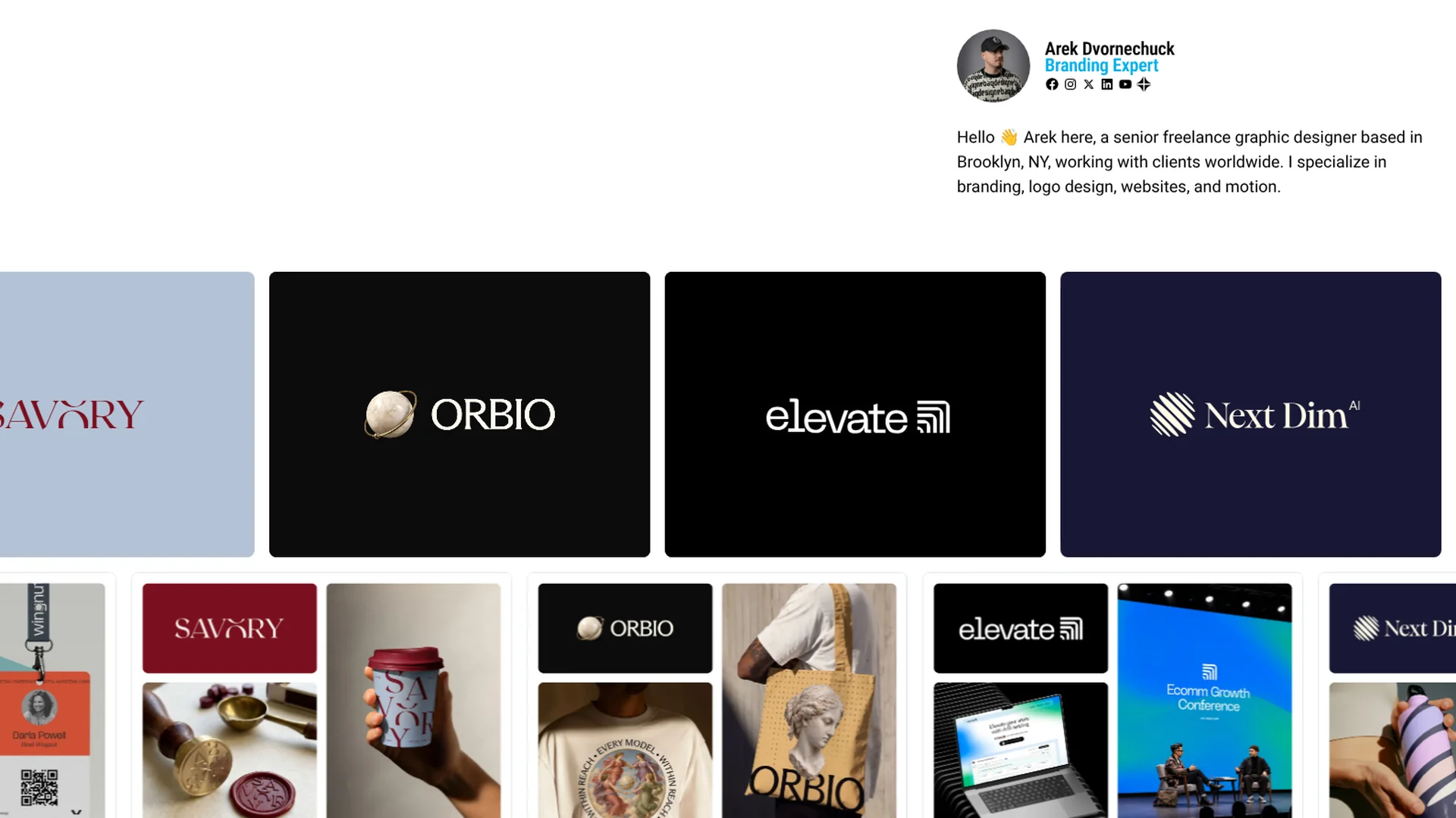 Ebaqdesign homepage with Arek Dvornechuck’s bio and brand identity work