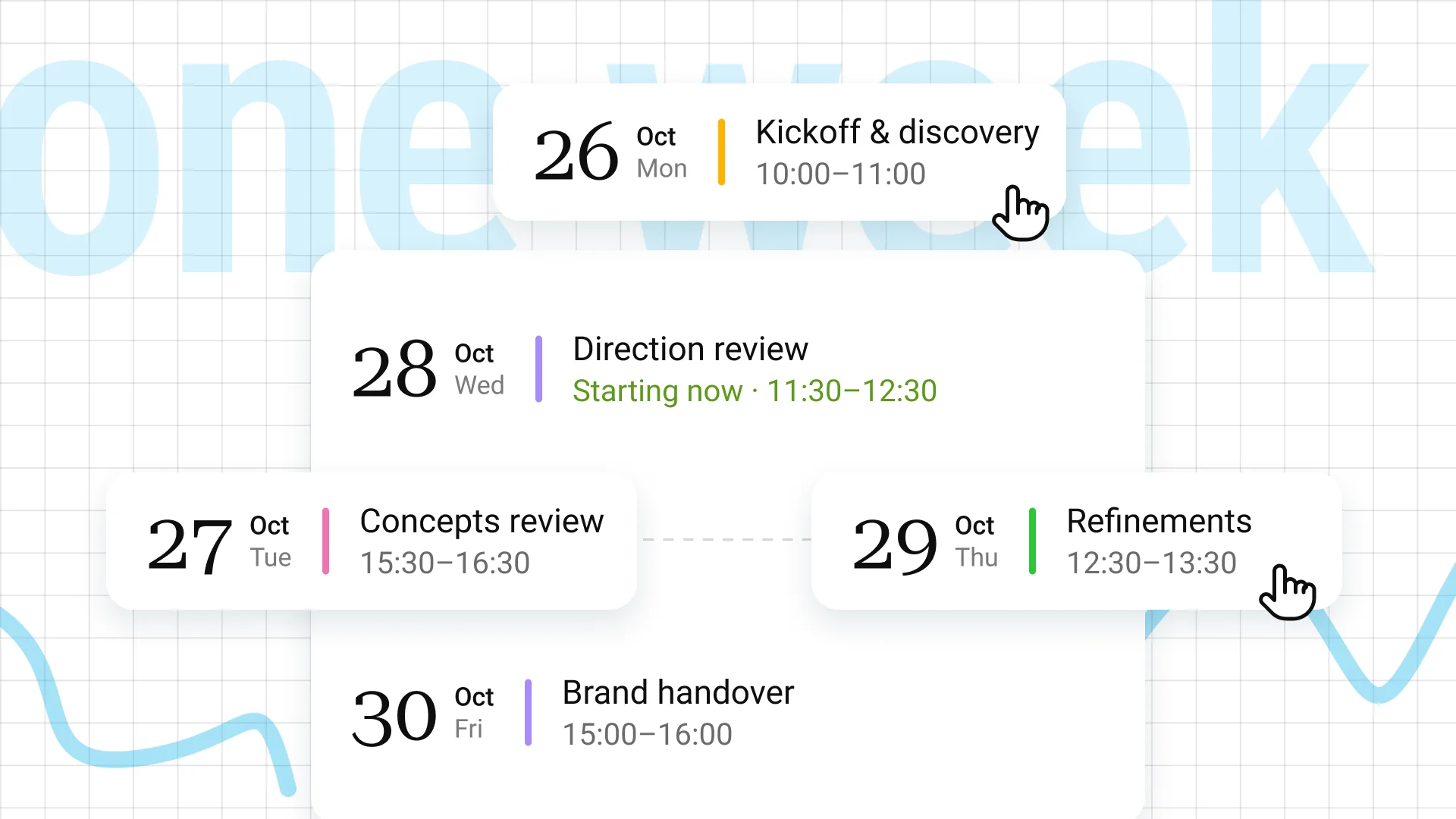 Brand sprint calendar cards from Monday kickoff and discovery to Friday brand handover