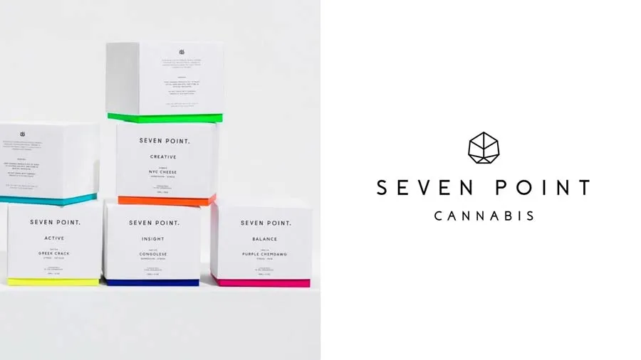 Seven Point dispensary identity with slim sans-serif logotype and elegant leaf icon