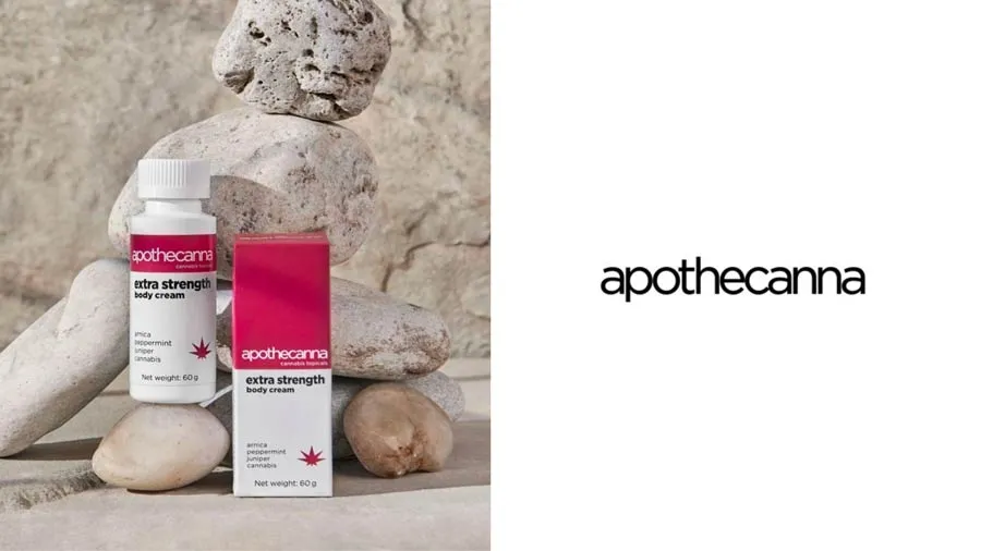 Apothecanna topical skincare range with spa-like packaging and color-coded product lines