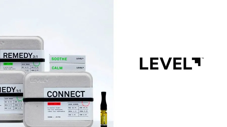 Level cannabis packaging with clinical layout and neon color coding for strain and potency