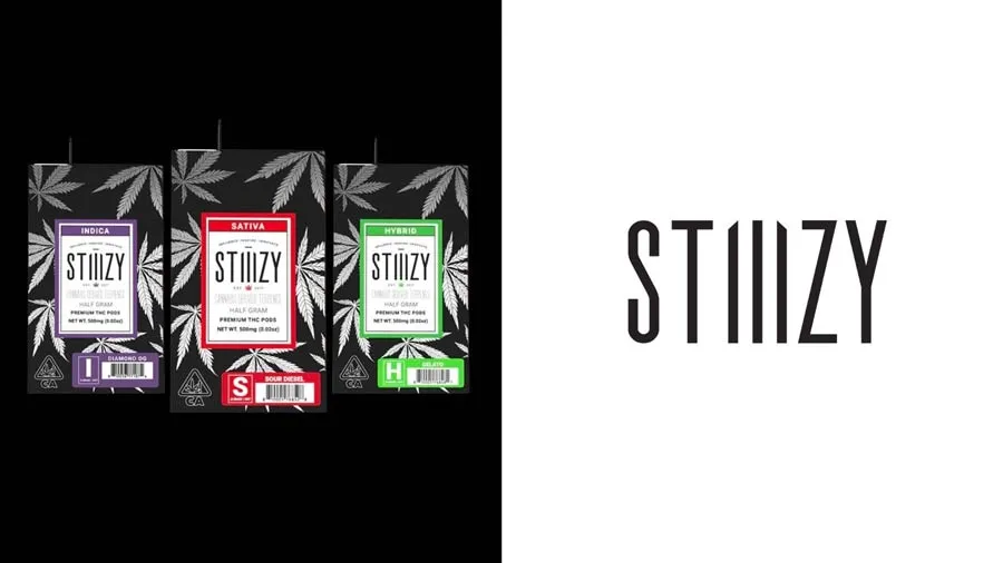 STIIIZY packaging with all-caps condensed typeface and reflective silver elements