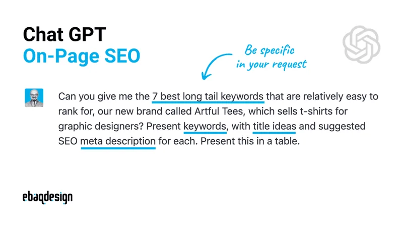 Using ChatGPT for on-page SEO-prompt example.