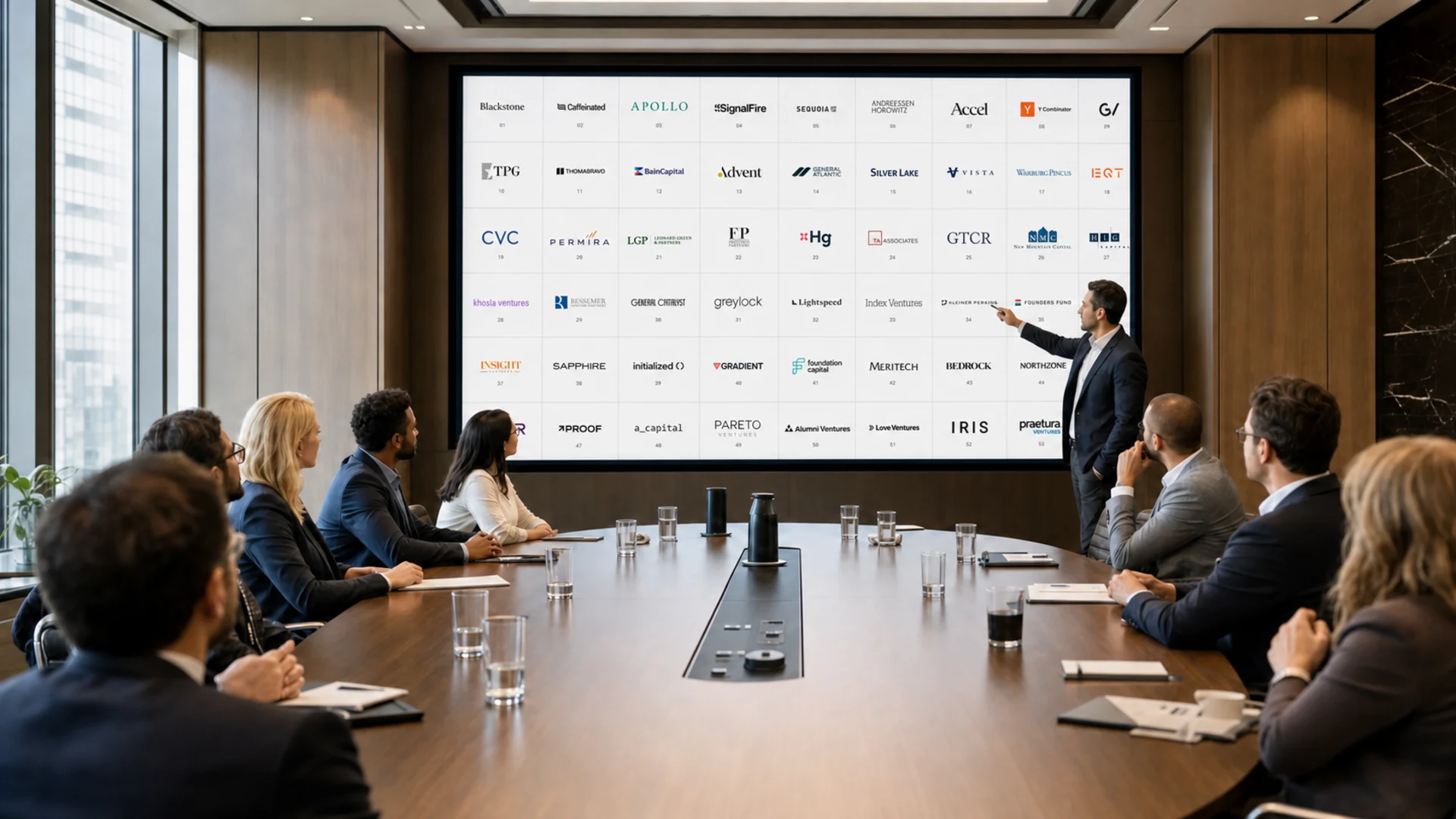 Investment team reviewing a presentation of investment firm logos