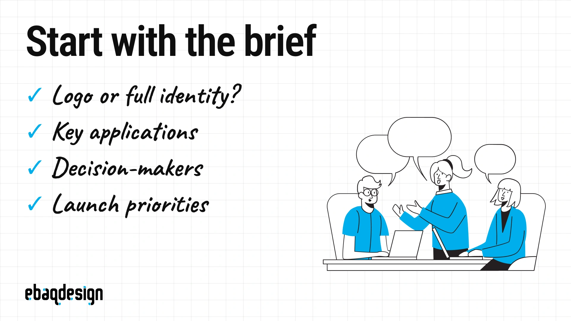 Logo project brief checklist covering identity scope, key applications, decision-makers and launch priorities