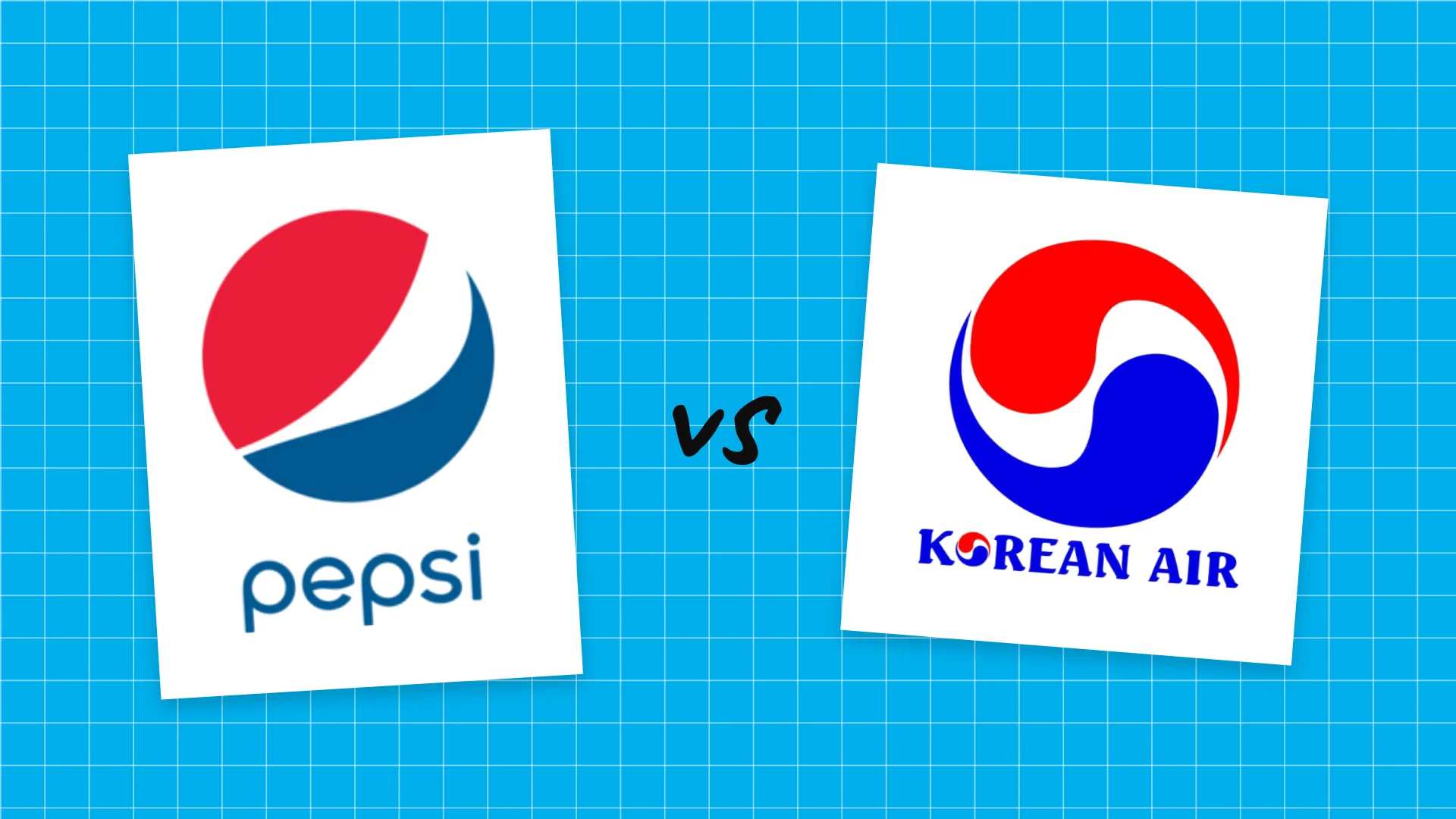 The Pepsi logo and the Korean Air logo side by side on two white sheets of paper against a blue grid background, separated by a handwritten "vs", showing how alike the two circular red and blue marks are