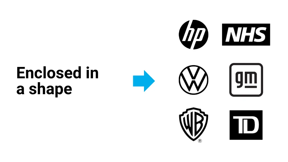 Examples of logos enclosed in shapes from HP, NHS, Volkswagen, GM, Warner Bros, and TD Bank.