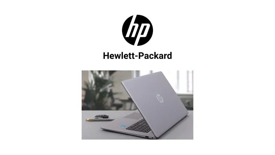 HP logo with "Hewlett-Packard" text below, and an open silver HP laptop on a desk with a pen and a phone nearby.