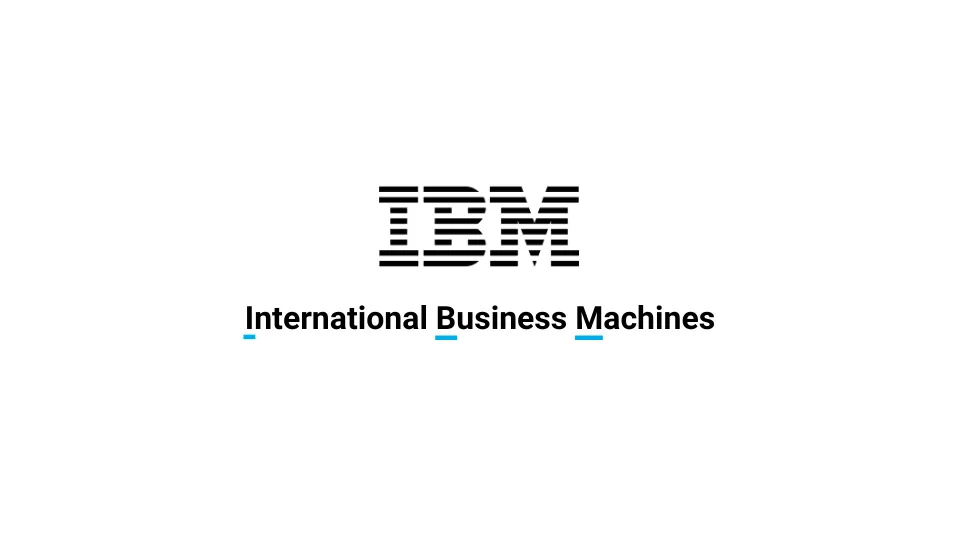 IBM logo with black horizontal stripes forming the letters "IBM" and the text "International Business Machines" below in black.
