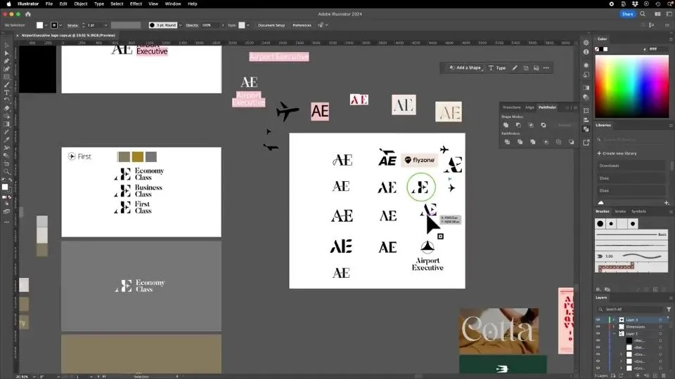 A screenshot of Adobe Illustrator displaying initial digitized ideas of monogram logo designs for "Airport Executive".