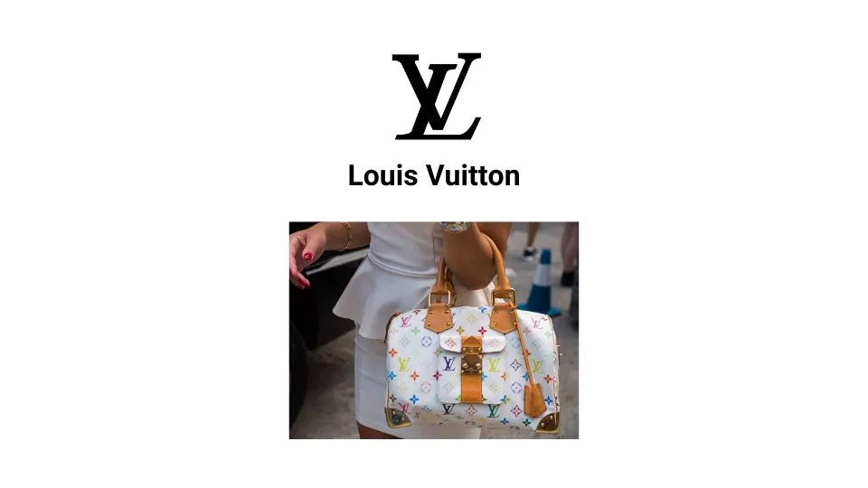 Louis Vuitton logo with "Louis Vuitton" text below, and a white handbag with multicolored LV monogram pattern and tan leather handles.