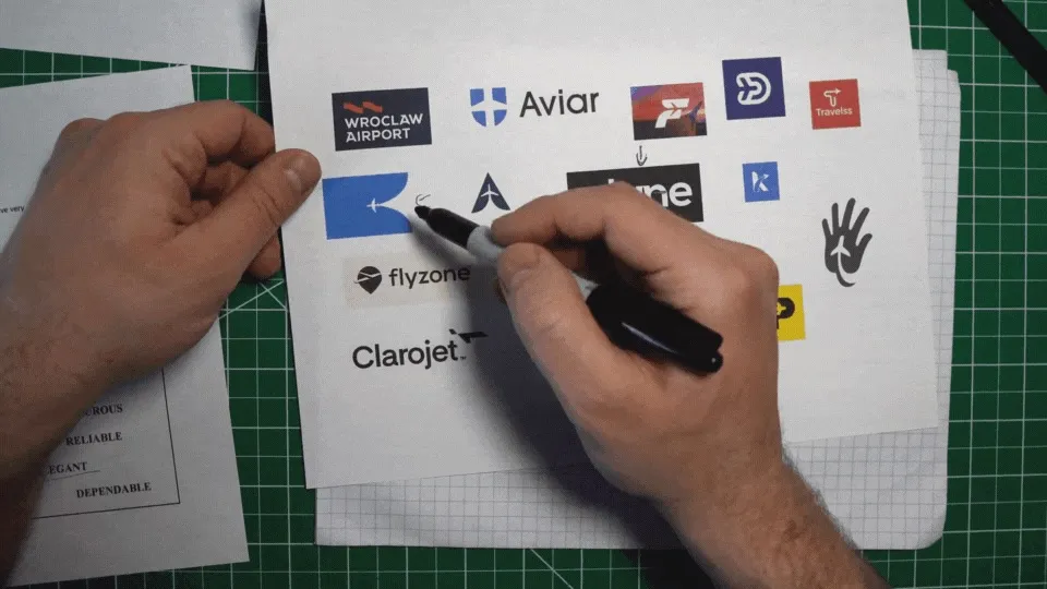Marking a negative space plane logo from a sheet of inspirational logos.