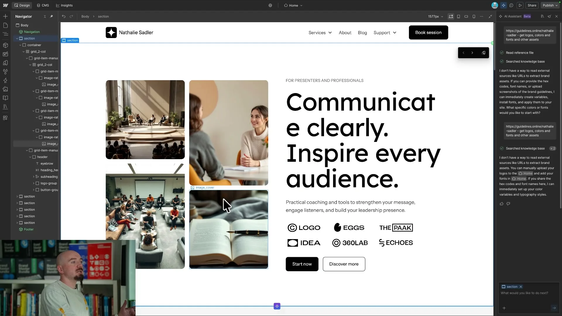 Actual landing page generated by Webflow AI in the AI website builder test