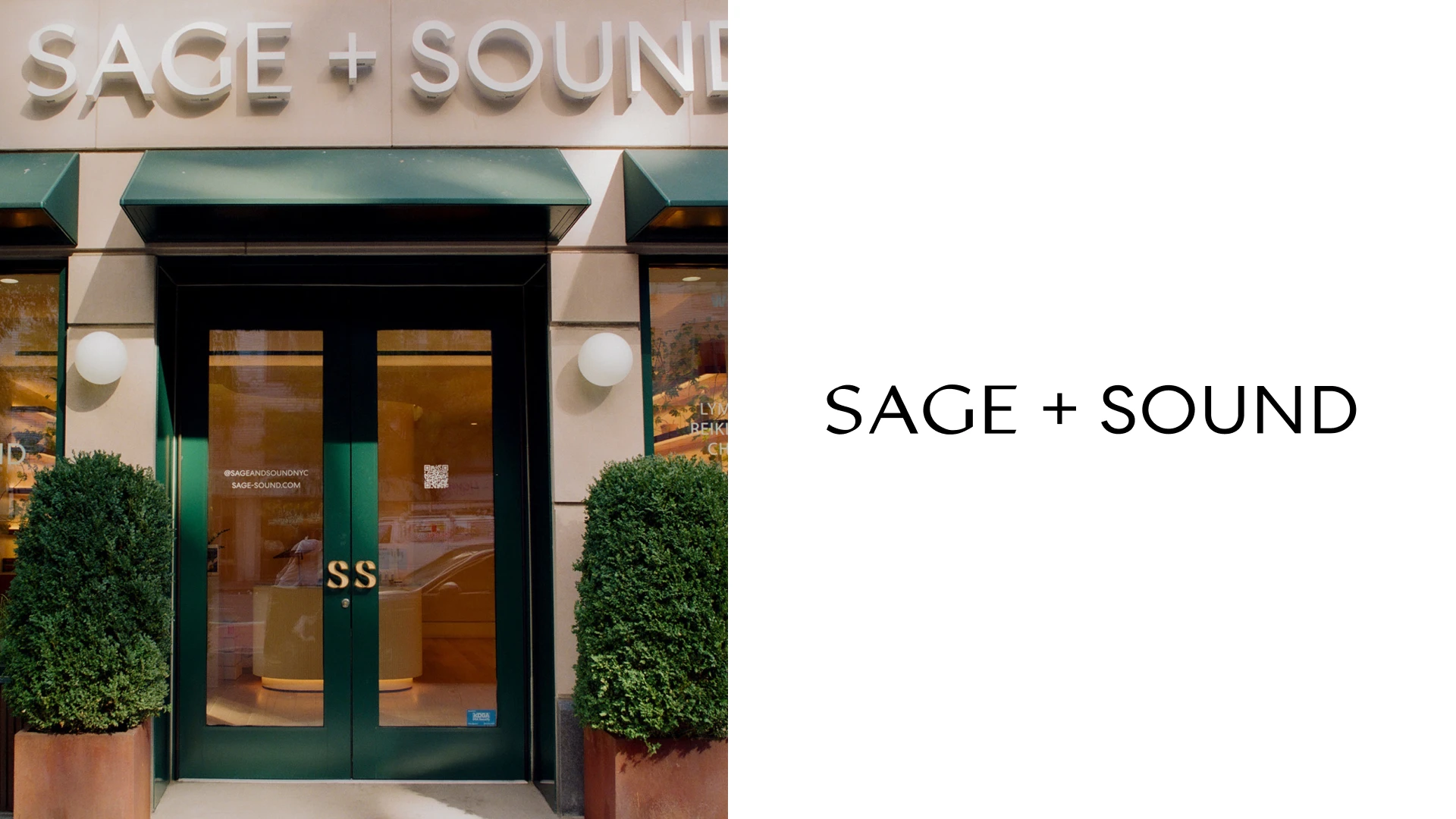Sage + Sound physical branding application on the left and authentic logo on the right