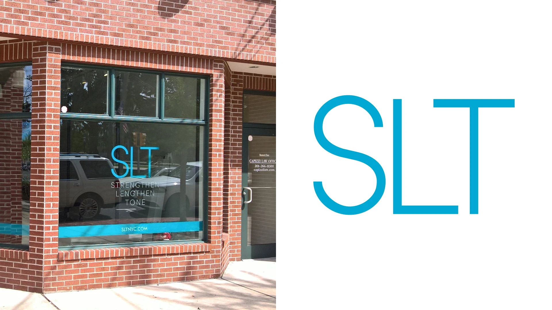 SLT physical branding application on the left and authentic logo on the right