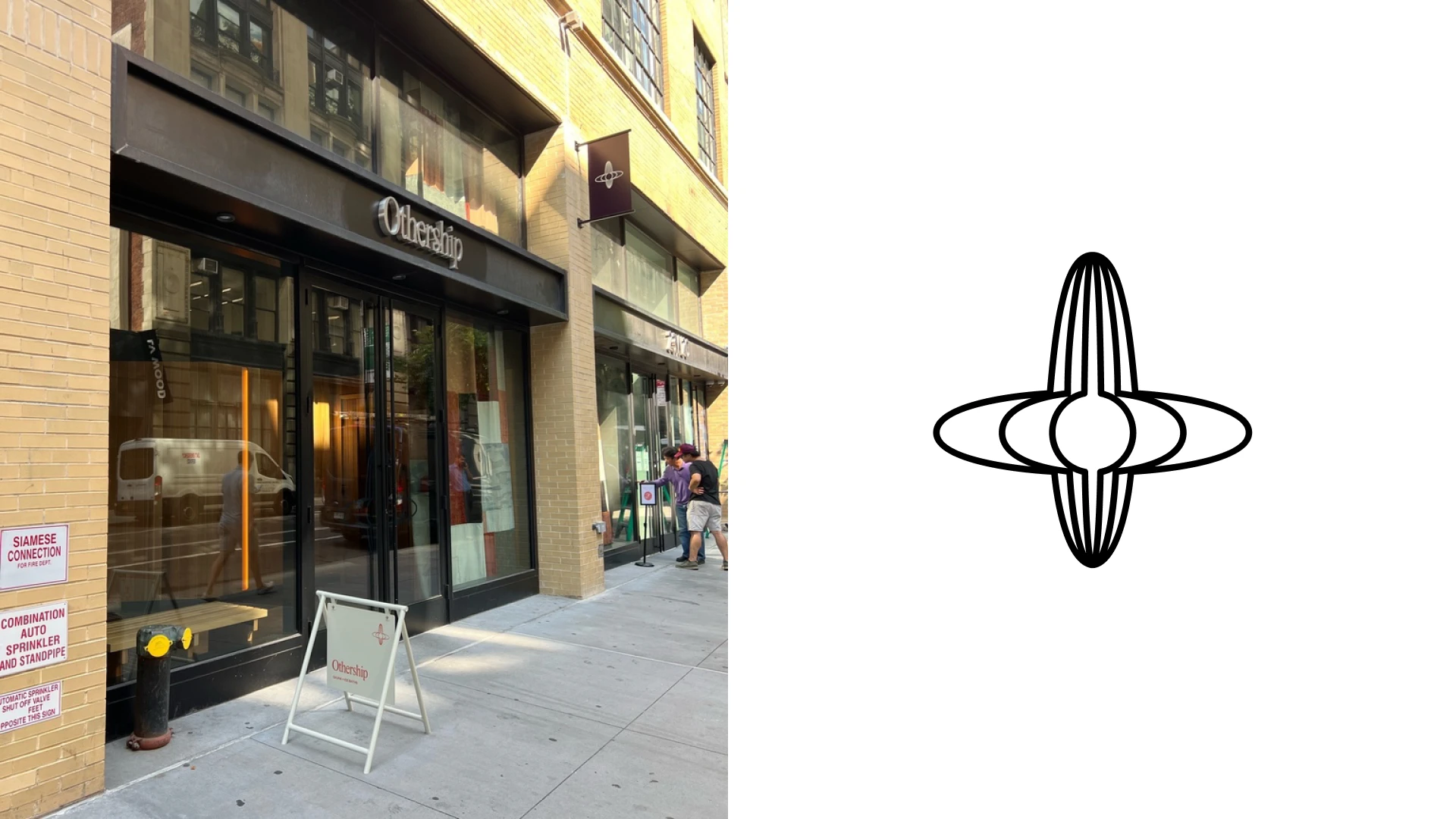 Othership physical branding application on the left and authentic logo on the right