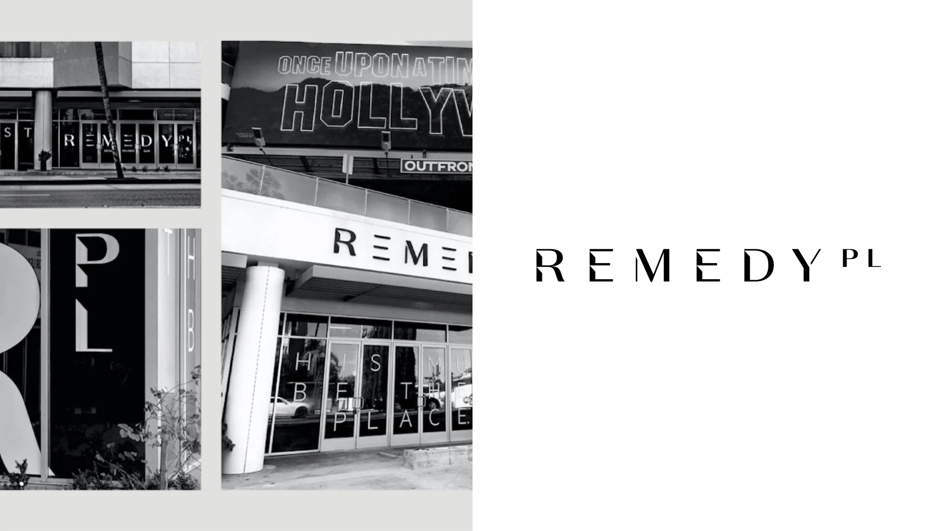 Remedy Place physical branding application on the left and authentic logo on the right