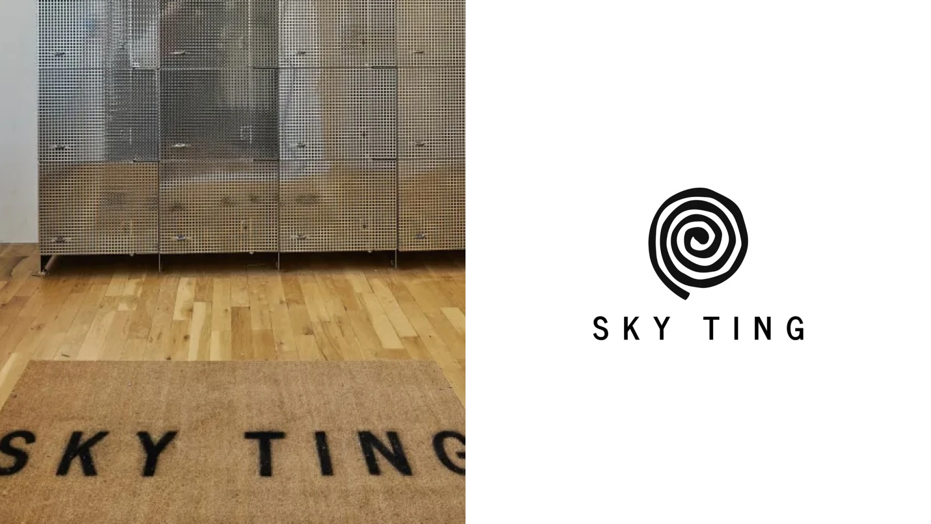 SKY TING physical branding application on the left and authentic logo on the right