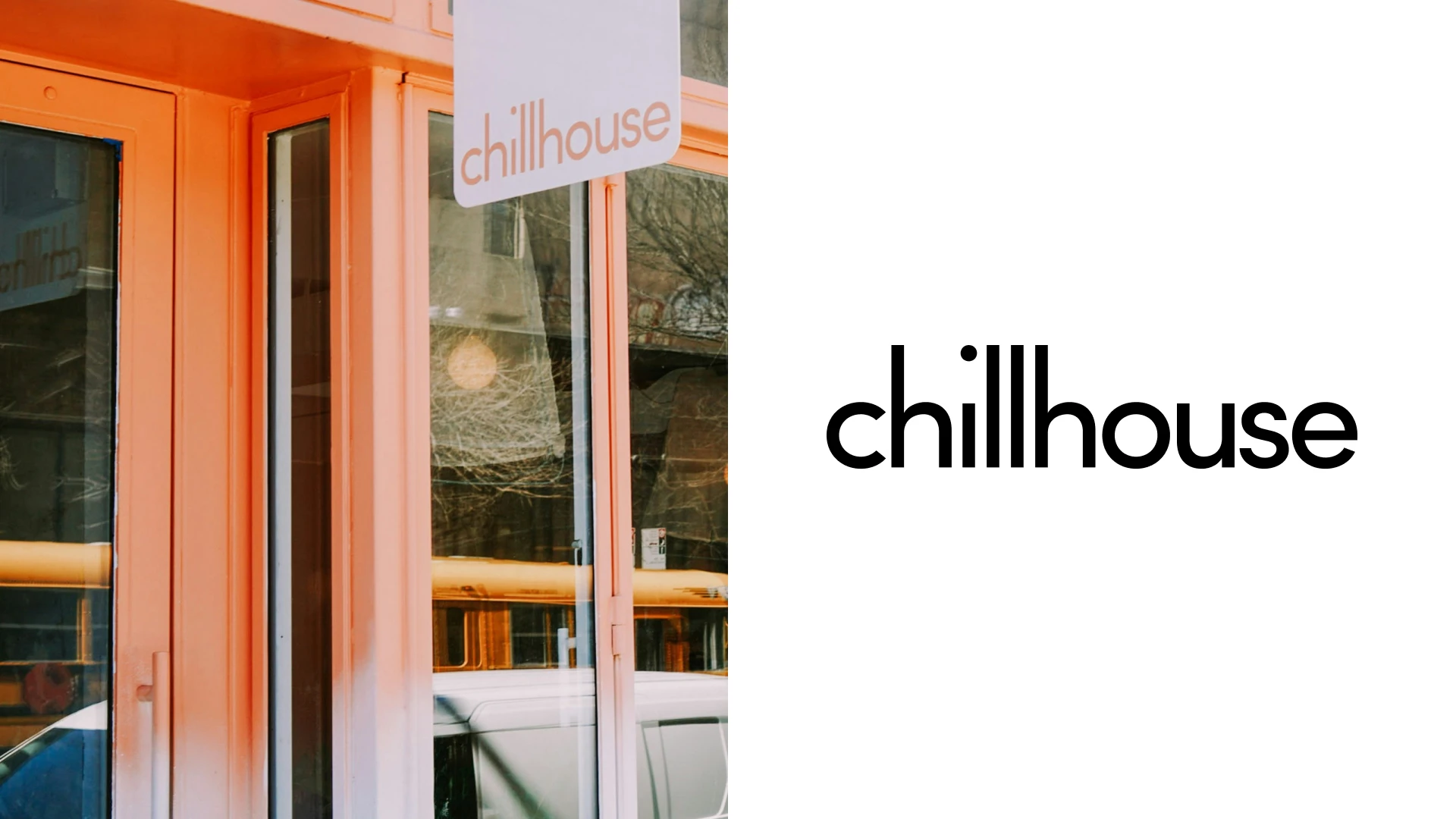 Chillhouse physical branding application on the left and authentic logo on the right