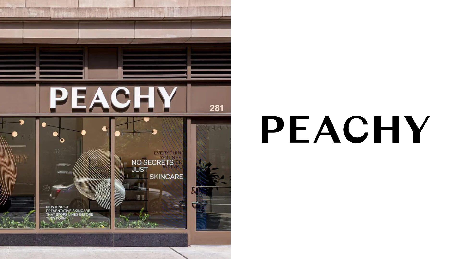 Peachy physical branding application on the left and authentic logo on the right