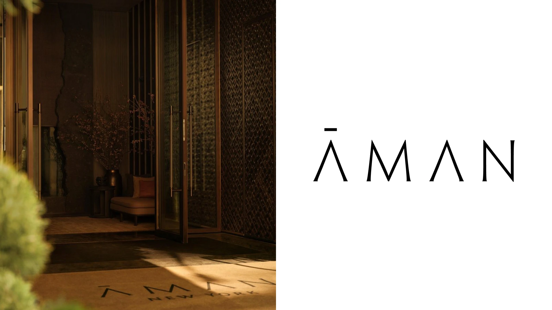 Aman New York physical branding application on the left and authentic logo on the right