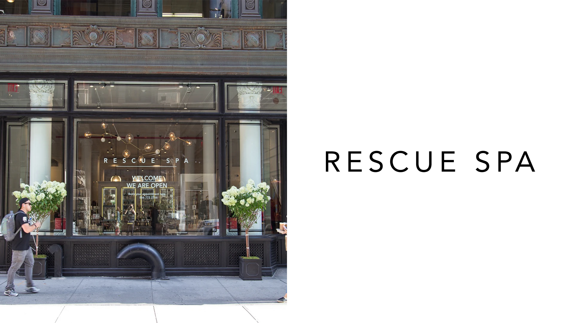 Rescue Spa physical branding application on the left and authentic logo on the right
