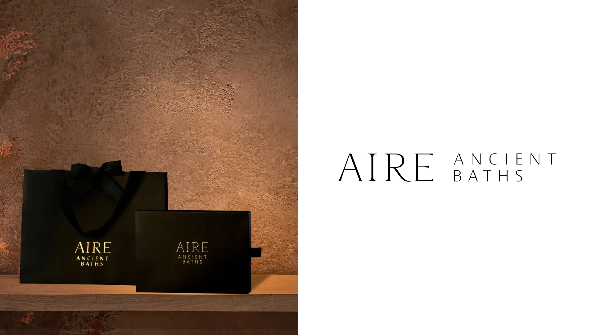 AIRE Ancient Baths physical branding application on the left and authentic logo on the right
