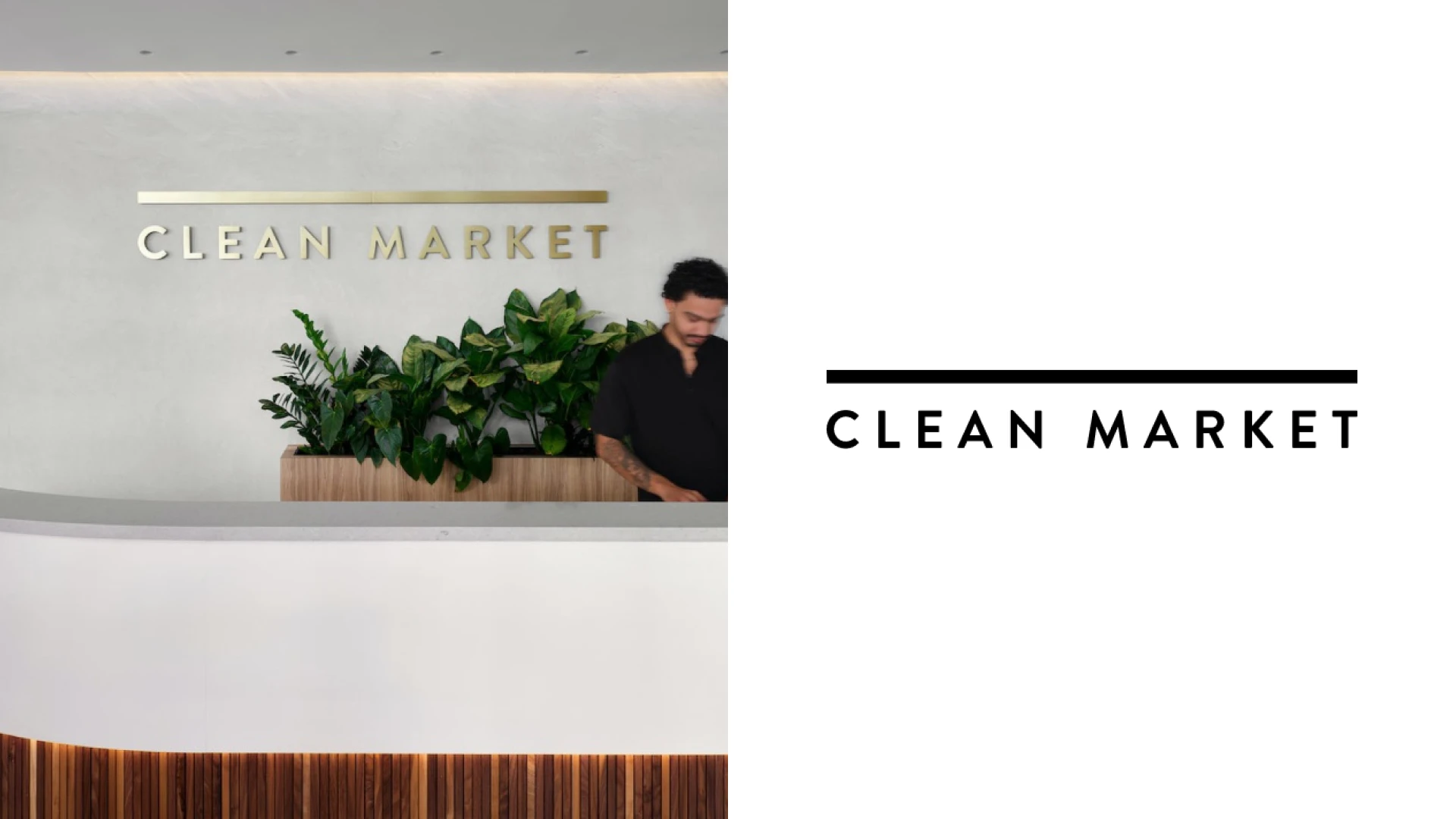Clean Market physical branding application on the left and authentic logo on the right