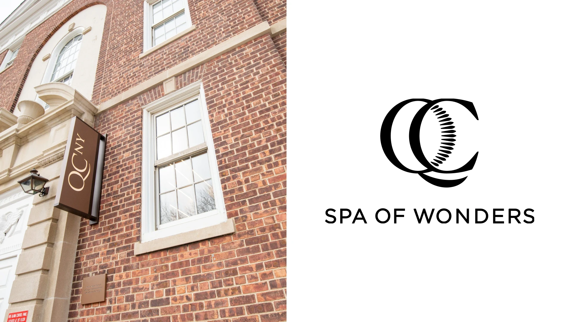 QC Spa New York physical branding application on the left and authentic logo on the right
