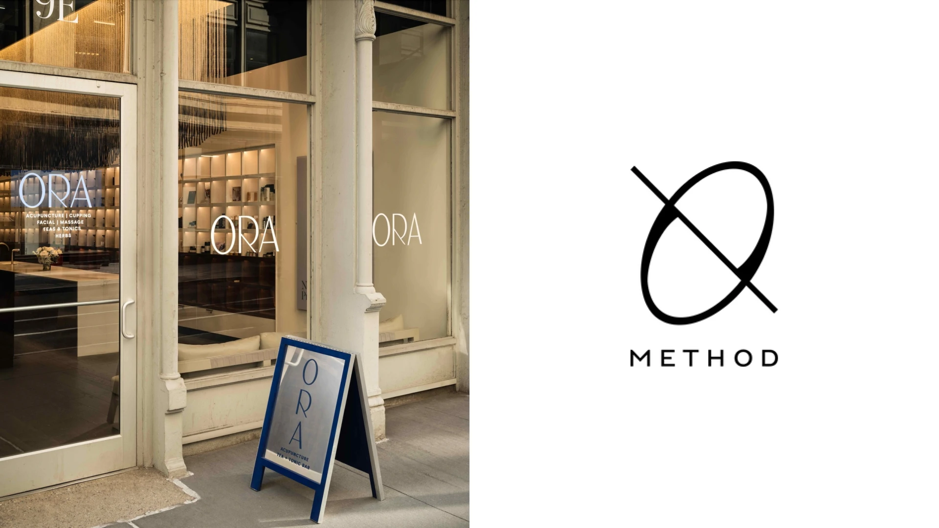 ORA physical branding application on the left and authentic logo on the right