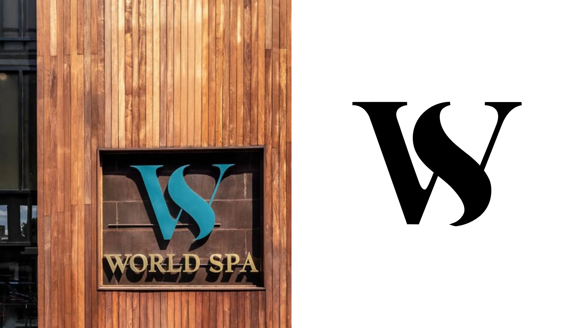 WORLD SPA physical branding application on the left and authentic logo on the right