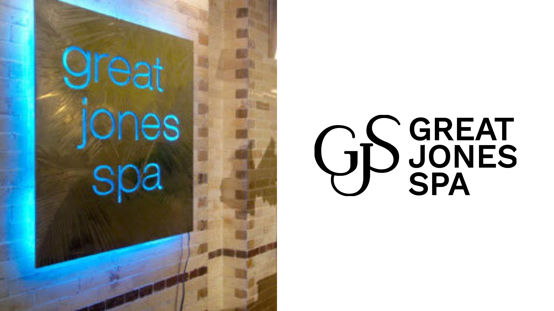 Great Jones Spa physical branding application on the left and authentic logo on the right