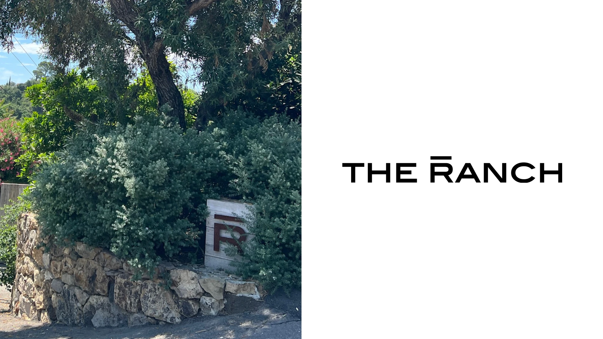 The Ranch physical branding application on the left and authentic logo on the right