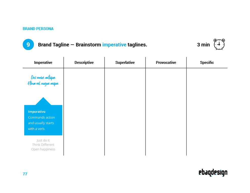 Brand tagline exercise worksheet: five tagline categories and three shortlisted taglines
