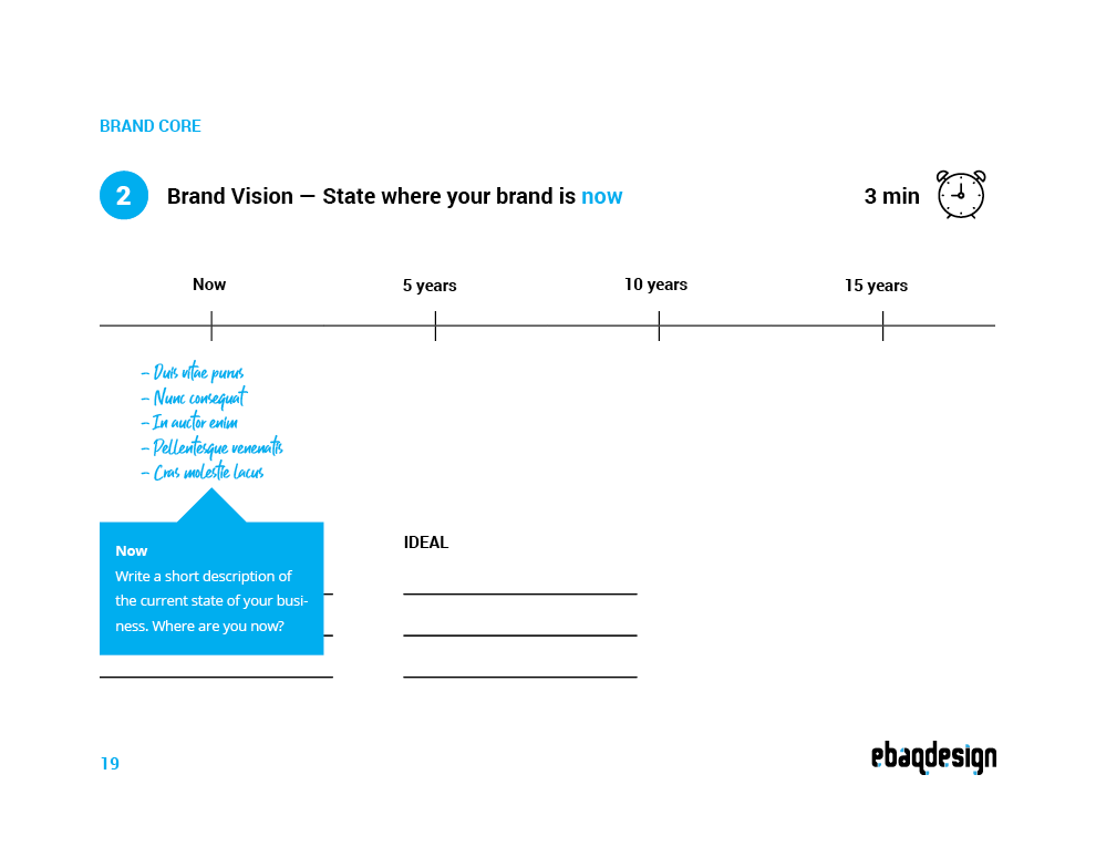 Brand vision exercise worksheet: timeline from now to 15 years, aspiration, ideal end state, vision statement