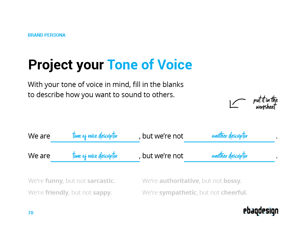 Tone of voice template: We are [descriptor], but we’re not [another descriptor]
