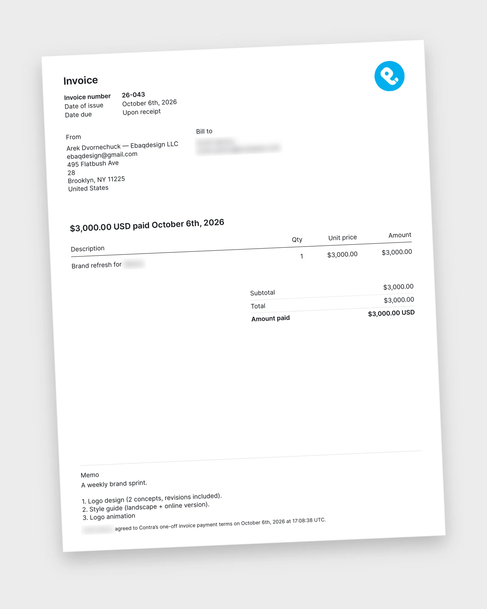 A real Ebaq Design invoice for a one-week brand sprint, client name hidden: $3,000 paid in full, covering logo design with revisions, a style guide, and logo animation